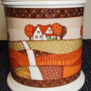 Vintage Otagiri Japan Fall Farm Patchwork Print Cookie Jar/Cannister With Lid